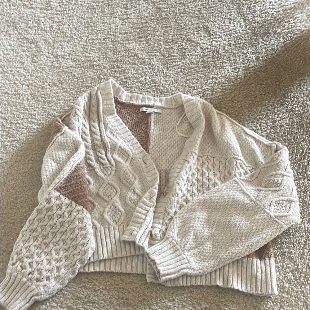 American Eagle Outfitters Cream and Brown Cable Knit Cardigan